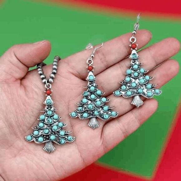 Turquoise Christmas Tree Beaded Necklace and Earring Set - Picture 2 of 5